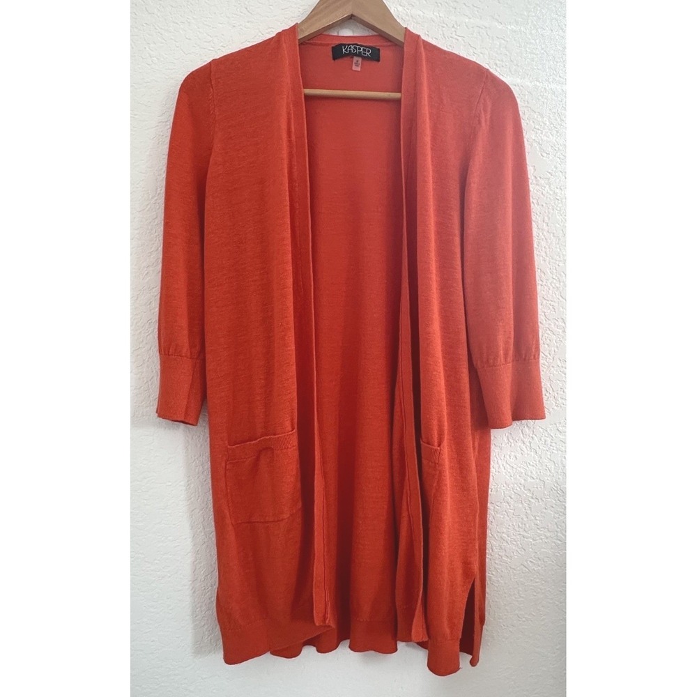 Kasper Earthy Granny Burnt Orange Linen Blend Open Front Cardigan Size M